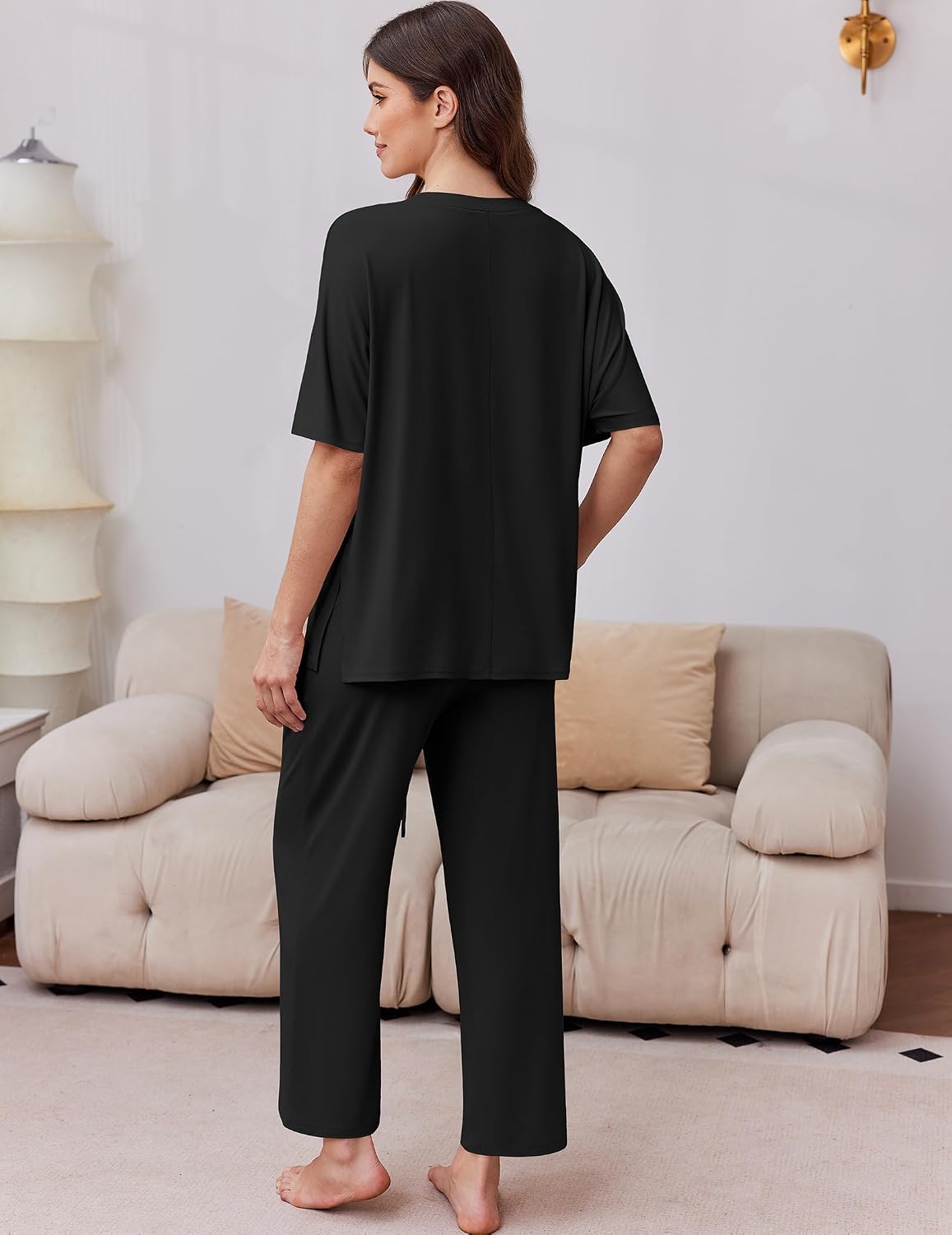 Ekouaer 2 Packs Lounge Sets for Women Short Sleeve Pajamas Set V Neck Top and Long Pants Comfy Pjs Outifts with Pockets