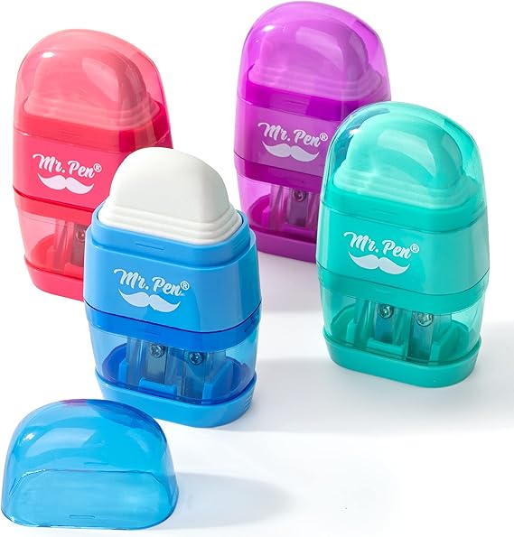 Mr. Pen Pencil Sharpener & Eraser, 4 Pack, Colorful, 2 Sharpening