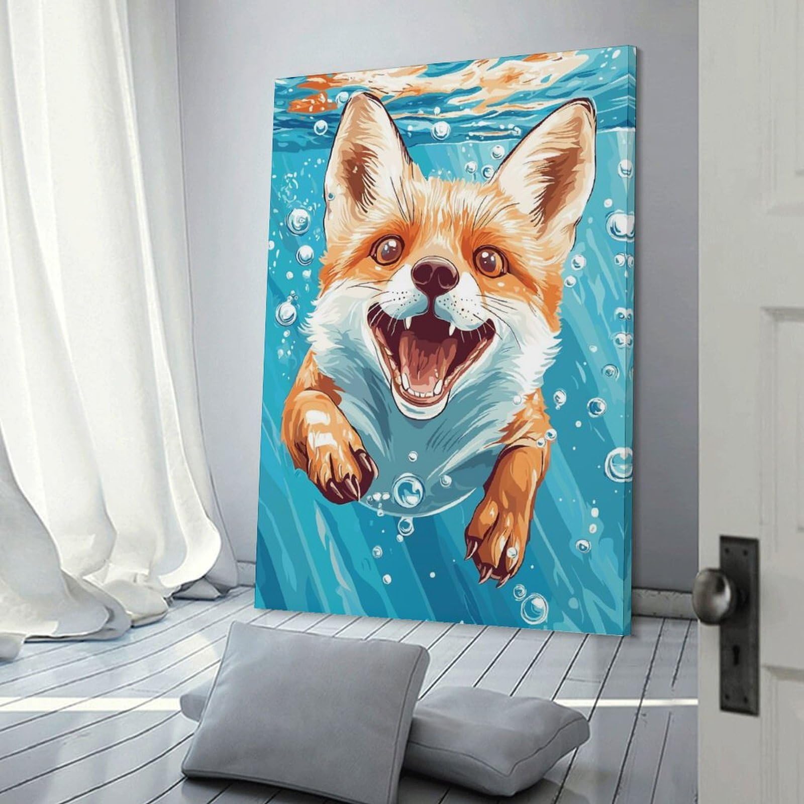 Junmoney Happy Fox Swimming Underwater Illustration Canvas Wall Decor 24x36inch(60x90cm), for Study, Office Or Focused Interiors, Wall Art That Adds Style to Work Areas