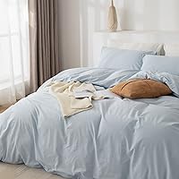 Vista 5 de Juego de funda de edredón Queen de 100% algodón lavado 3 piezas, ropa de cama suave, cómoda y transpirable con toque de lino, 1 funda de edredón y 2