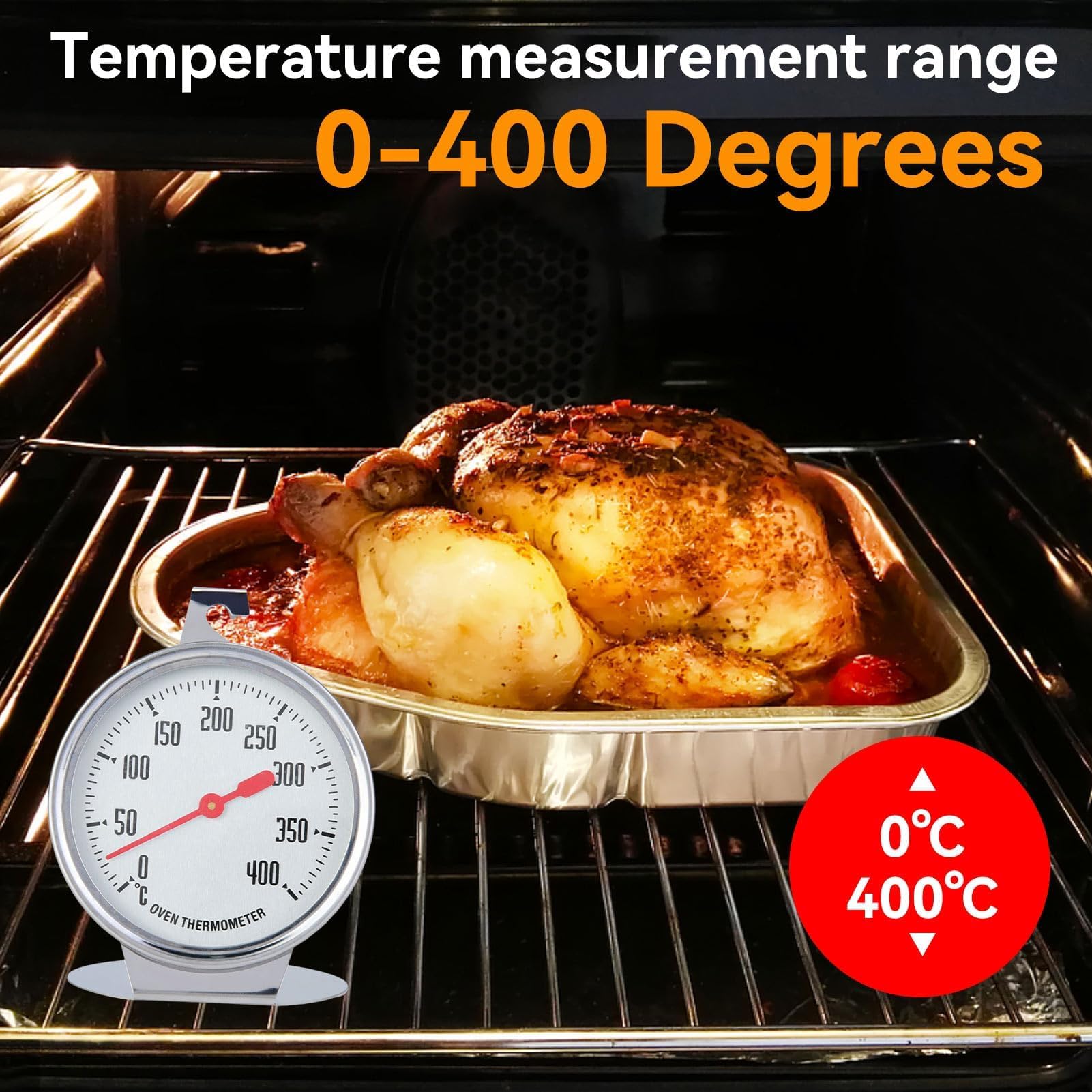 Oven Thermometer,Termometro per Forno con Gancio Puntatore Rosso,Termometro da Forno in Acciaio Inox per Appendere,Termometri da Forno Elettrico