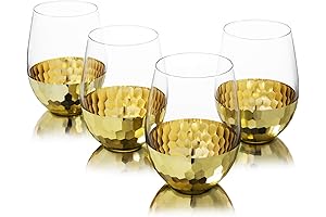 MyGift Modern Stemless Wine Glasses - Set of 4, Hammered Brass Bottoms