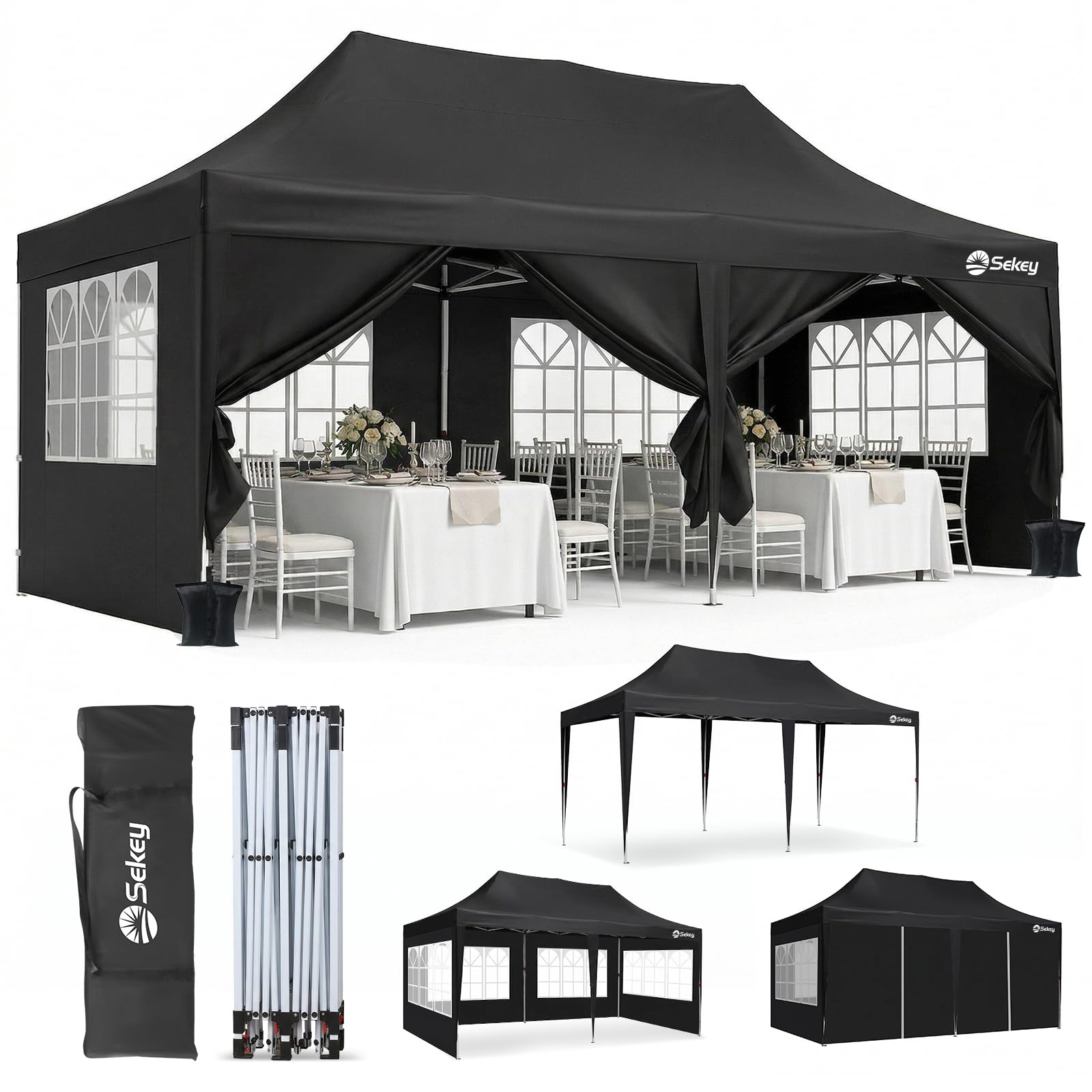 Sekey Faltpavillon 3x6 Wasserdicht Stabil Winterfest mit Seitenwand, Gartenpavillon mit Hoher Spitze, PU1000+ & UV50+, Pop Up Pavillon Partyzelt für Garten/Camping, Event Serie 3x6, (Schwarz, 3x6m)