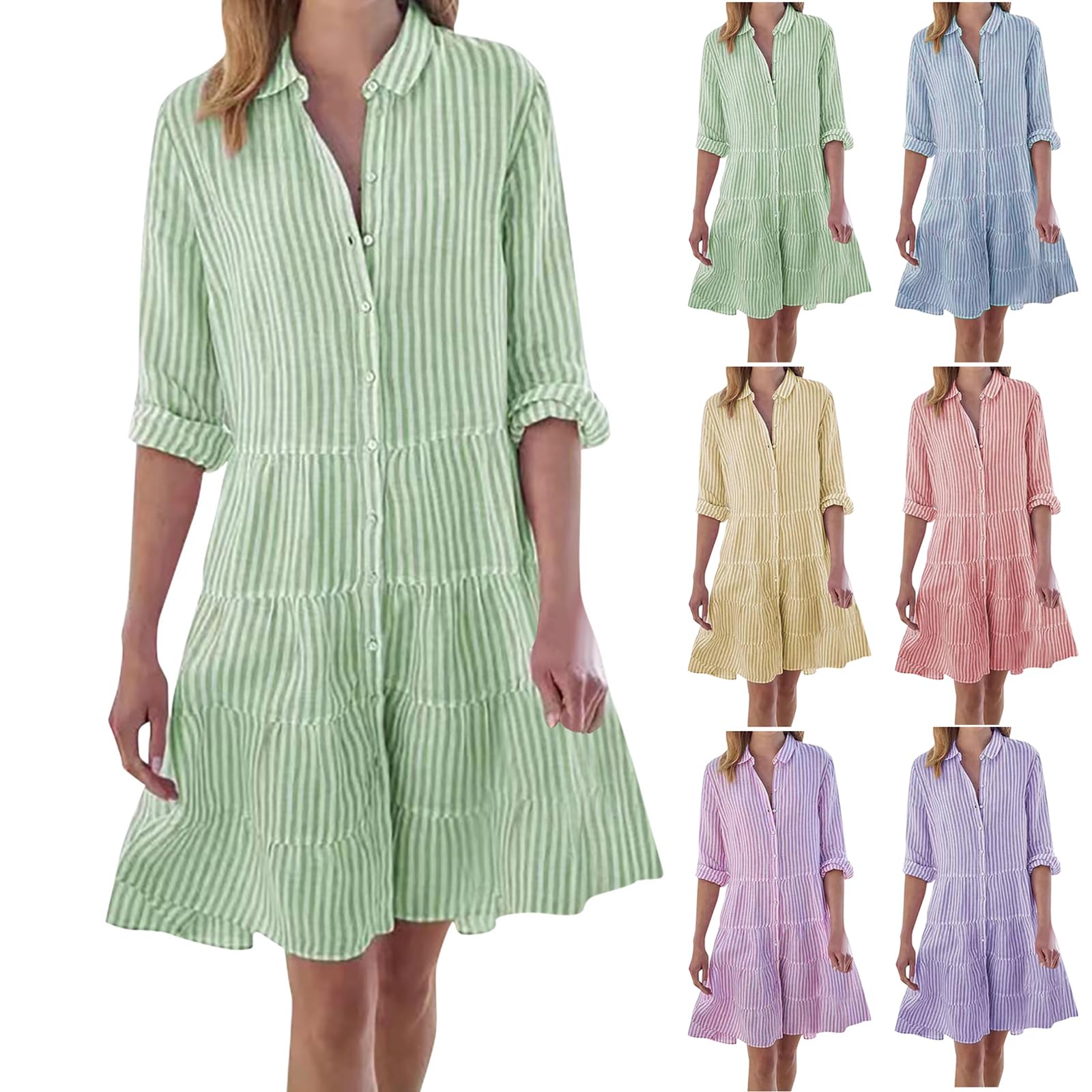Button Down Dress for Women Summer Casual Striped Long Sleeve V Neck Lapel Dresses Loose Ruched Party Midi Dress 2025