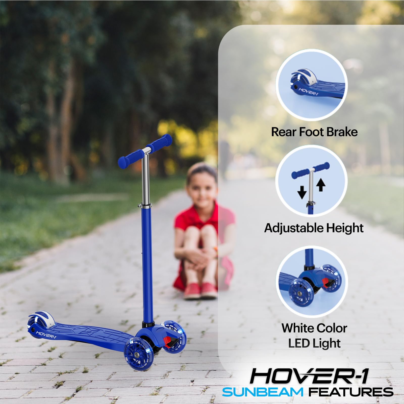 Hover-1 Sunbeam Kick Scooter with Multicolor Wheel Lights, 4.5” Front Wheels, Rear Foot Brake, and 110 Pound Weight Capacity, Black