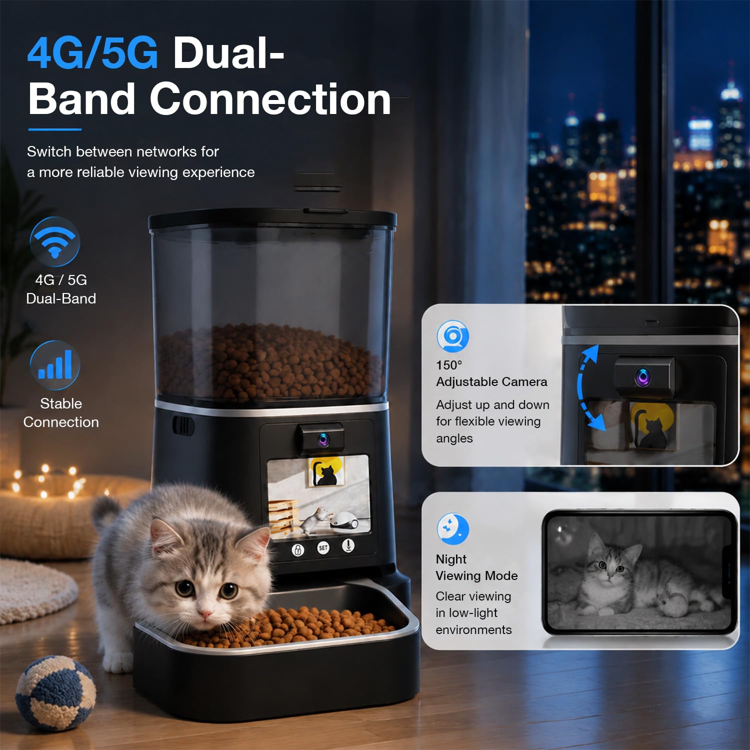 Distributore Automatico per Gatti con Telecamera 5L WiFi e App (Nero） | Videochiamata bidirezionale, audio a due vie, acquisizione AI, pasti programmati e visione notturna per cani e gatti