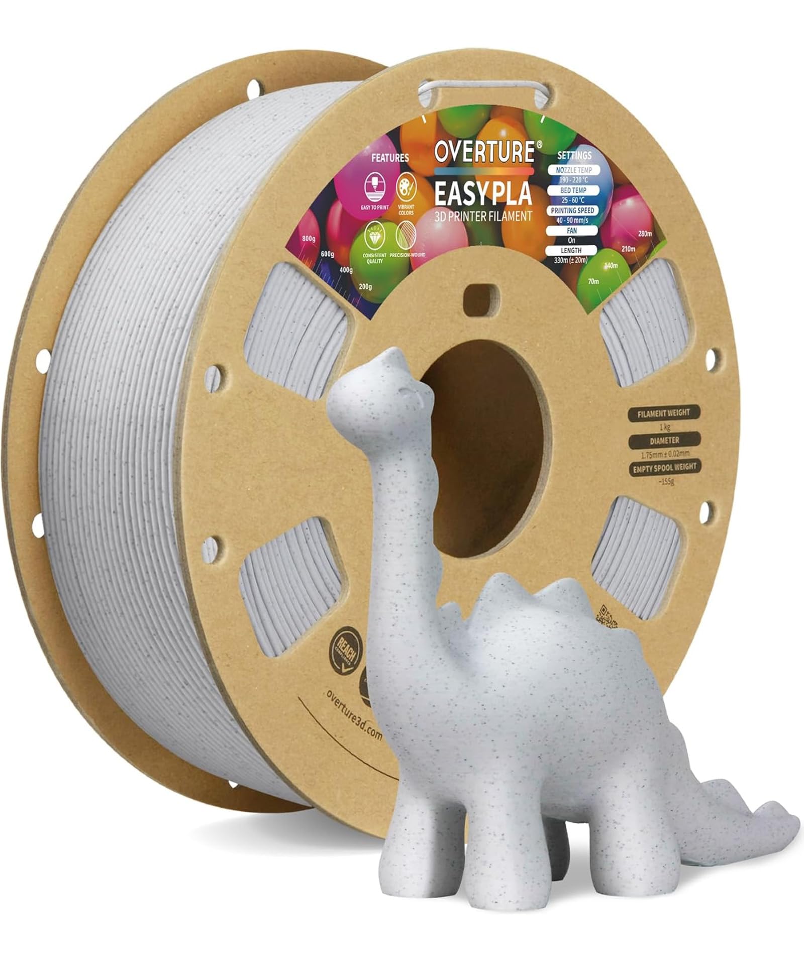 OVERTURE Easy PLA 1.75mm 3D Printer Filament, 1kg PLA Cardboard Spool (2.2lbs), Dimensional Accuracy +/- 0.02mm, Fit Most FDM Printer (Easy Rock White)