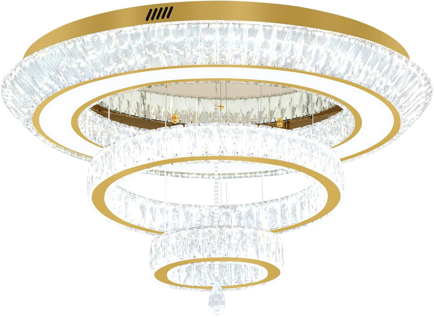 Led 40'' Gold Ring Crystal Chandelier,Modern Luxury Ceiling Lights Fixture for Dining Living Room 3-Tier Raindrop Chandeliers Lighting LED Dimmable 3000-6000K