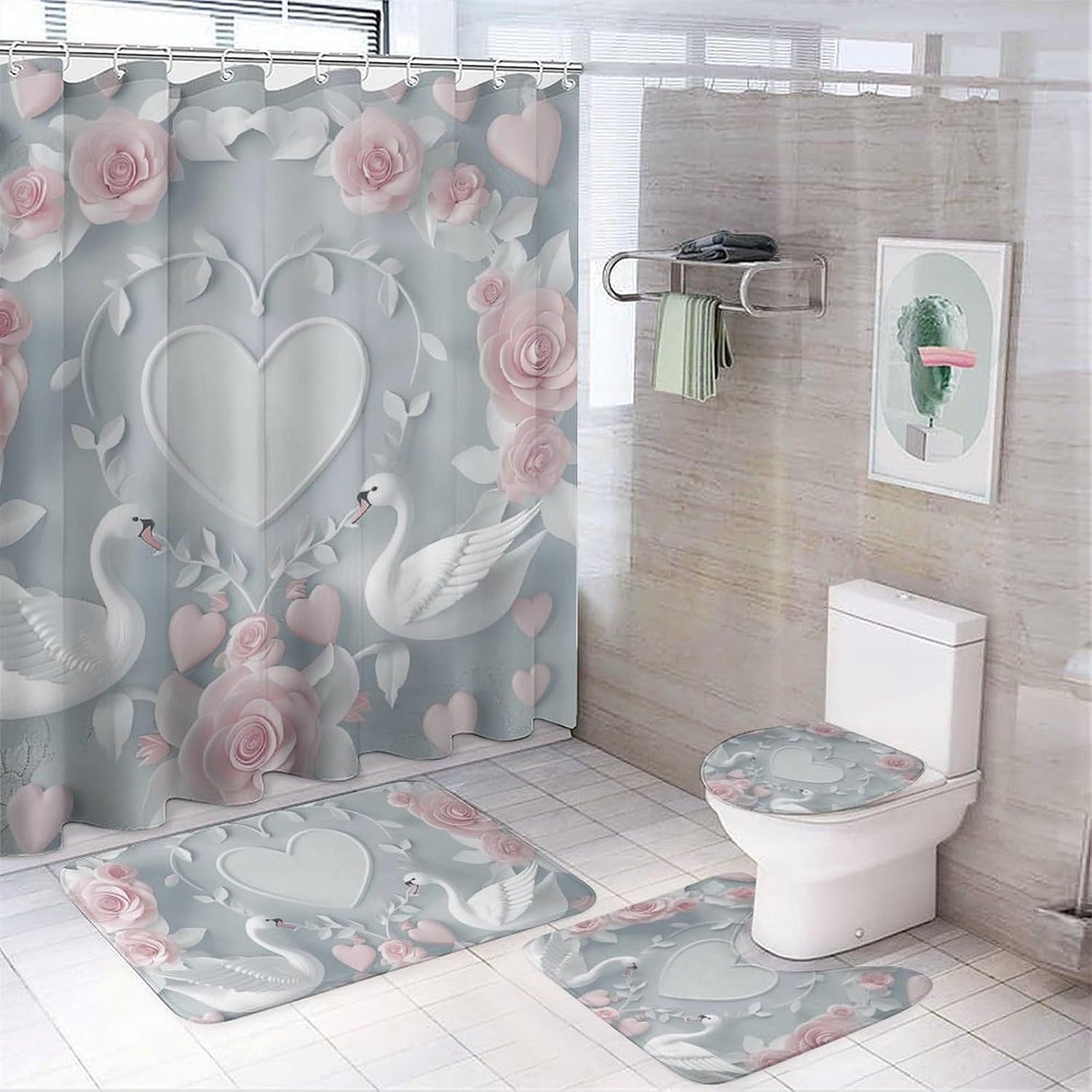 4Pcs Swan Love Shower Curtain Set with Rugs, Toilet Lid Cover and Bath Mat, Rustic Farm Animal Goose Romantic Rose Floral Bathroom Curtains Decor Shower Curtains, 72" x 72"