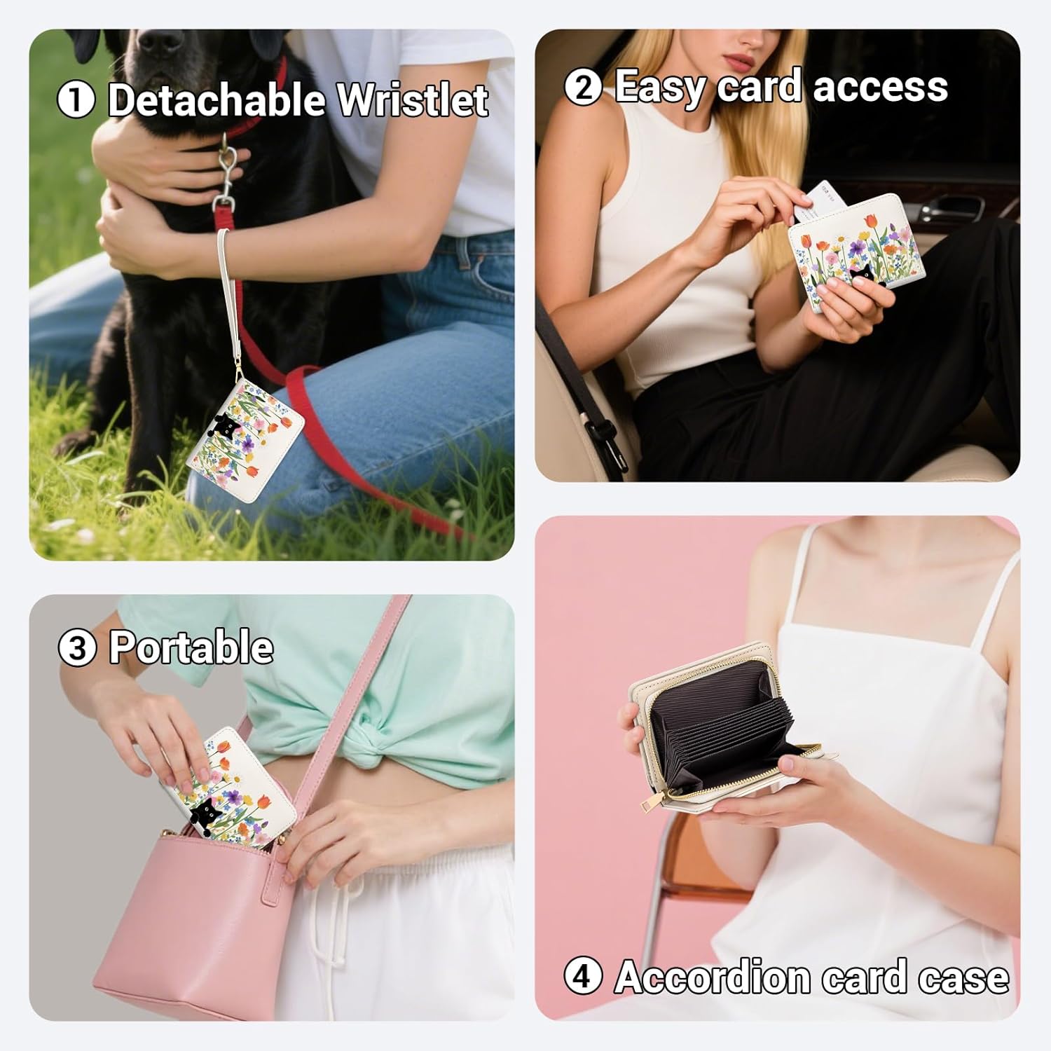 YINHEXI Small Wallets for Women with Credit Card Holder RFID Blocking Womens Wristlet Bifold Wallet with ID Window (Cat Flower-1) - Image 3