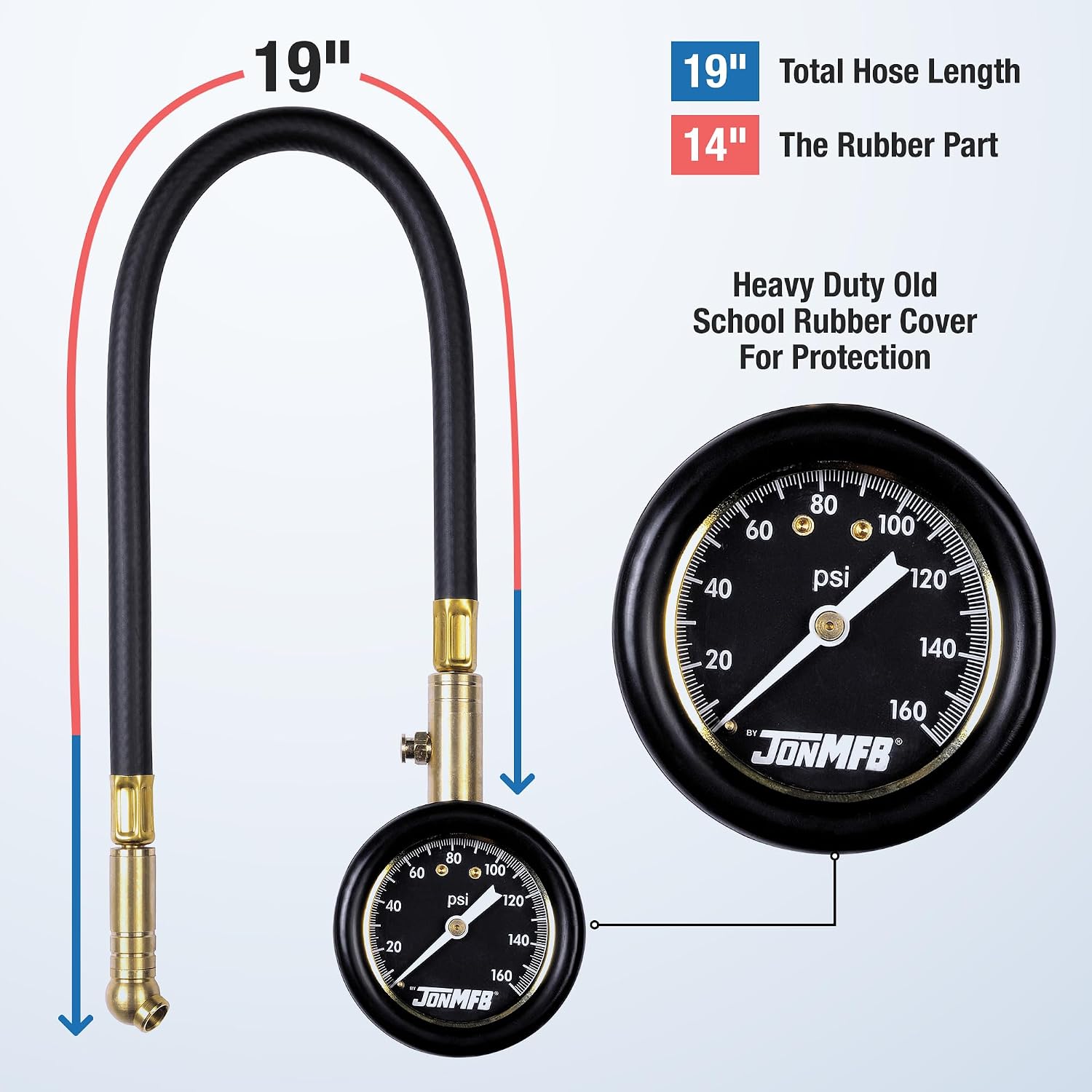 0-160 psi Analog Dial Tire Gauge with Extended Hose - Versatile Air Gauge for High Pressure Tires, Ideal for Semi Trucks, Dually, RV - Check Tire Pressure Monitoring Systems.