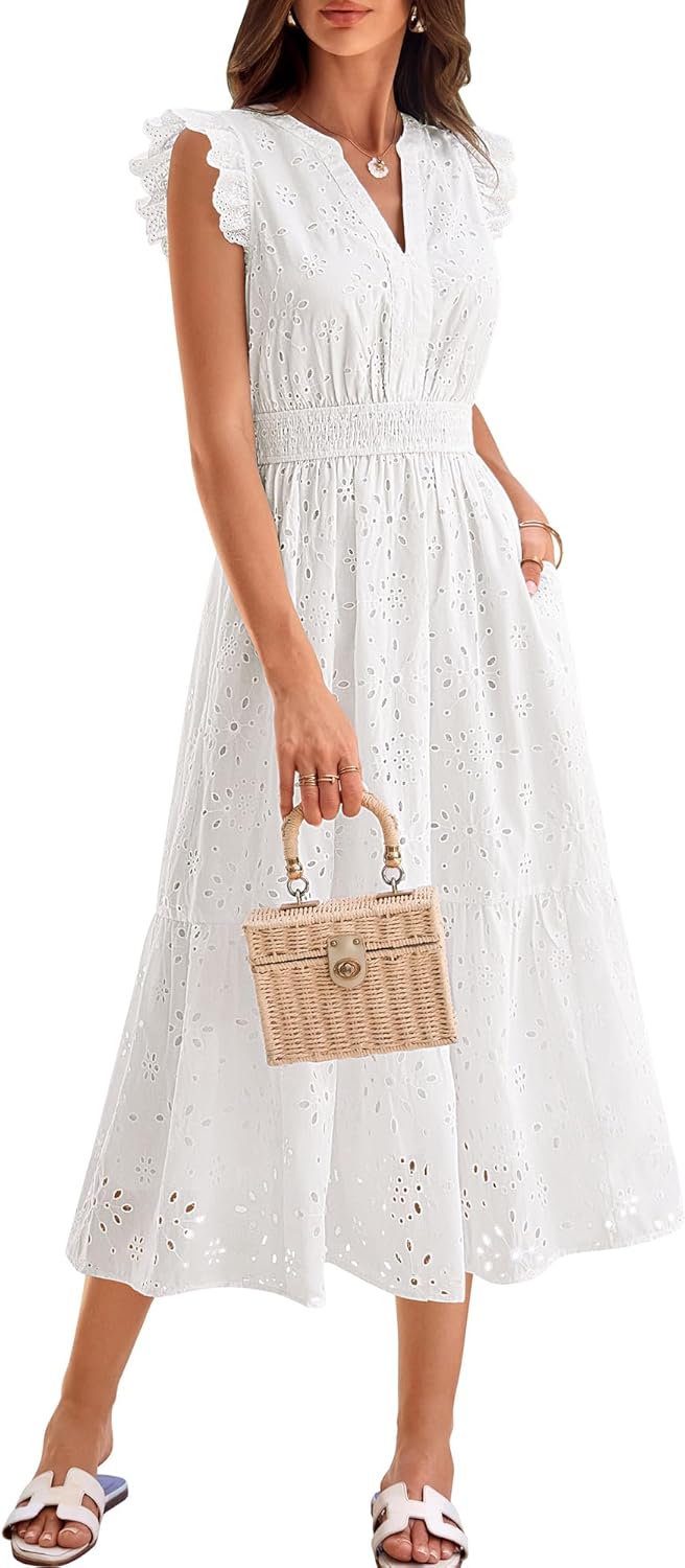 GRACE KARIN Womens Summer Boho Maxi Dress Casual 2026 Spring V Neck Eyelet Dresses Flowy Vacation Beach Sundress with Pockets