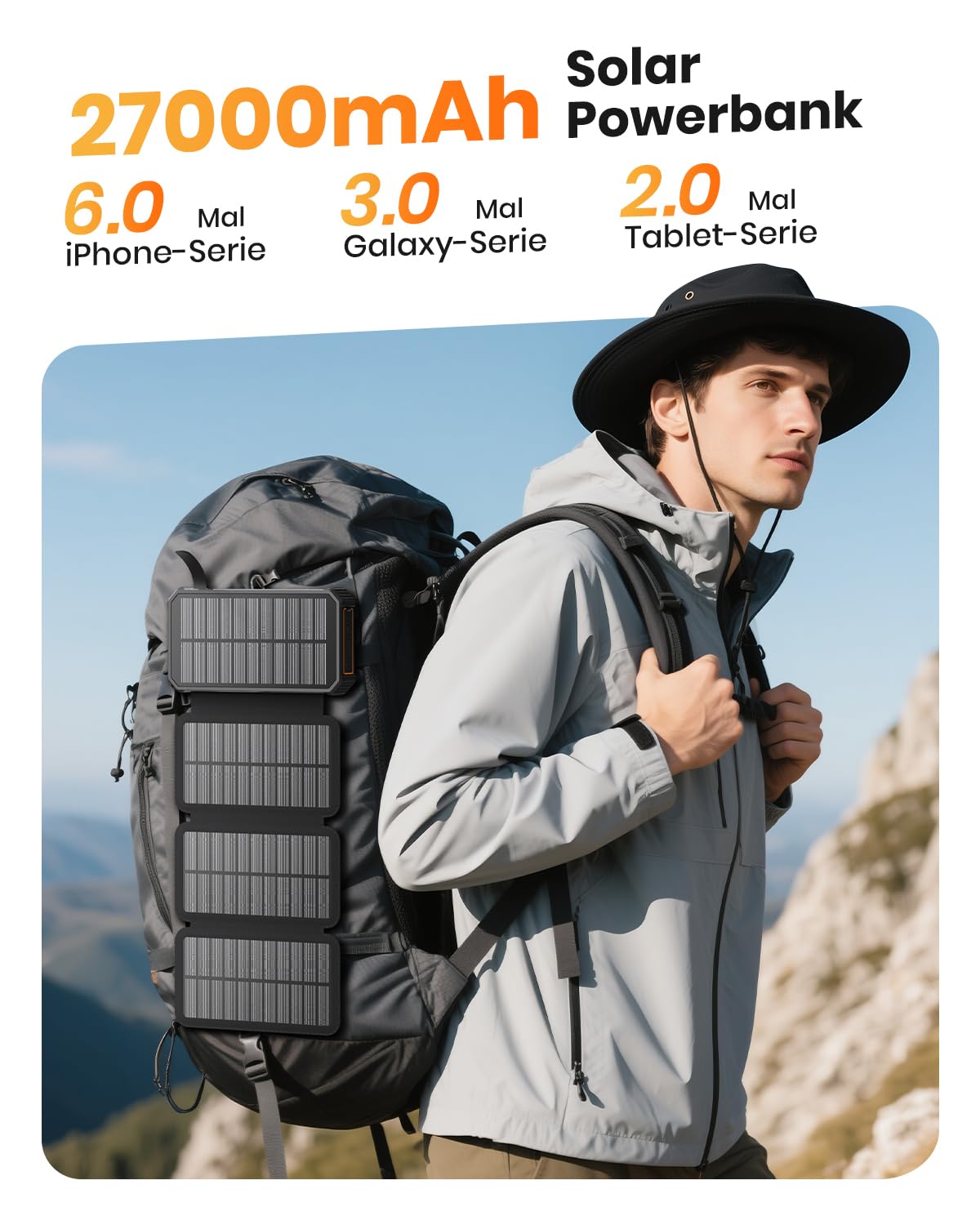 SOARAISE Solar Powerbank 20000mAh - Tragbare Solar Ladegerät mit 4 Solarpanels - 22,5W Schnellladung Externer Akku Power Bank mit Taschenlampe für Outdoor Camping