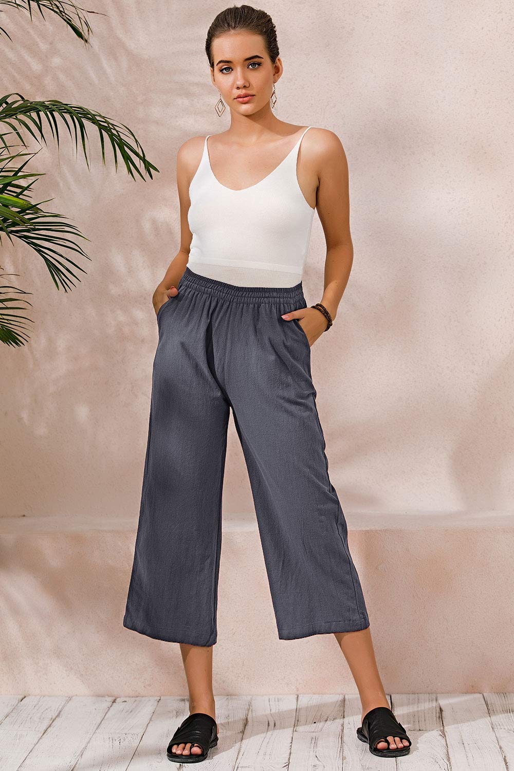 Ecupper Pantalones Anchos de Media Pierna para Mujer, Pantalones de Lino Estilo Boho con Cintura Elástica y Bolsillos, Cómodos y Estilosos para Vacaciones y Uso Cotidiano