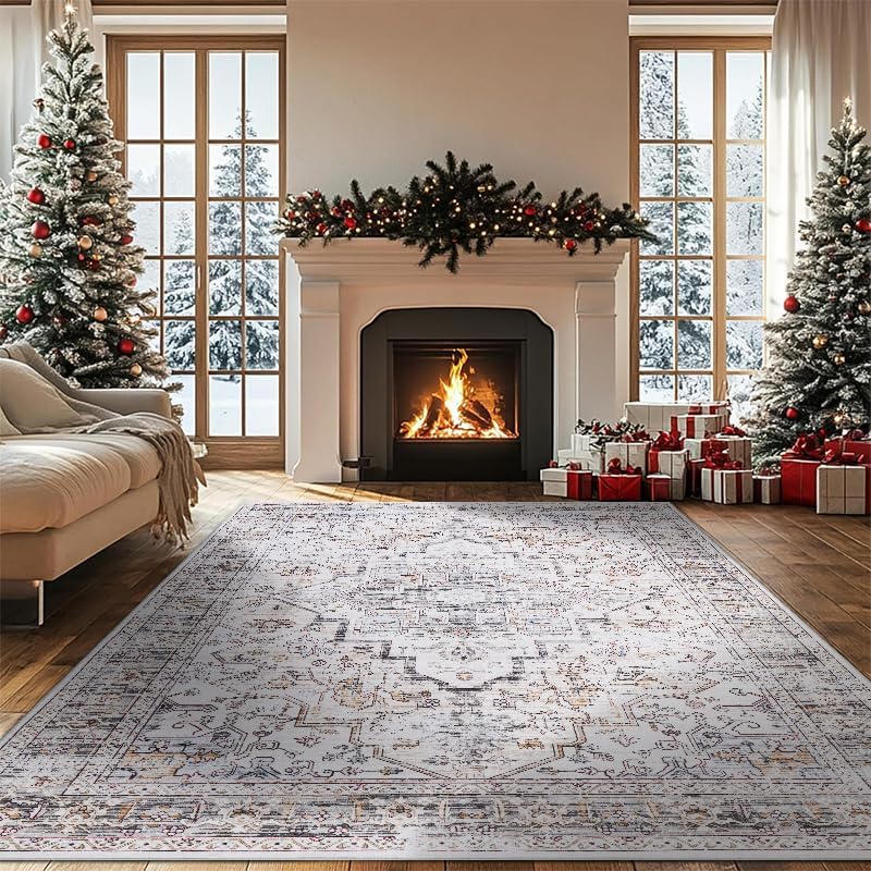 Boho Rugs for Living Room Beige 5x7, Washable Bedroom Area Rug Non Slip, Low Pile Soft Christmas Holiday Decor Dining Room Carpet for Under Table