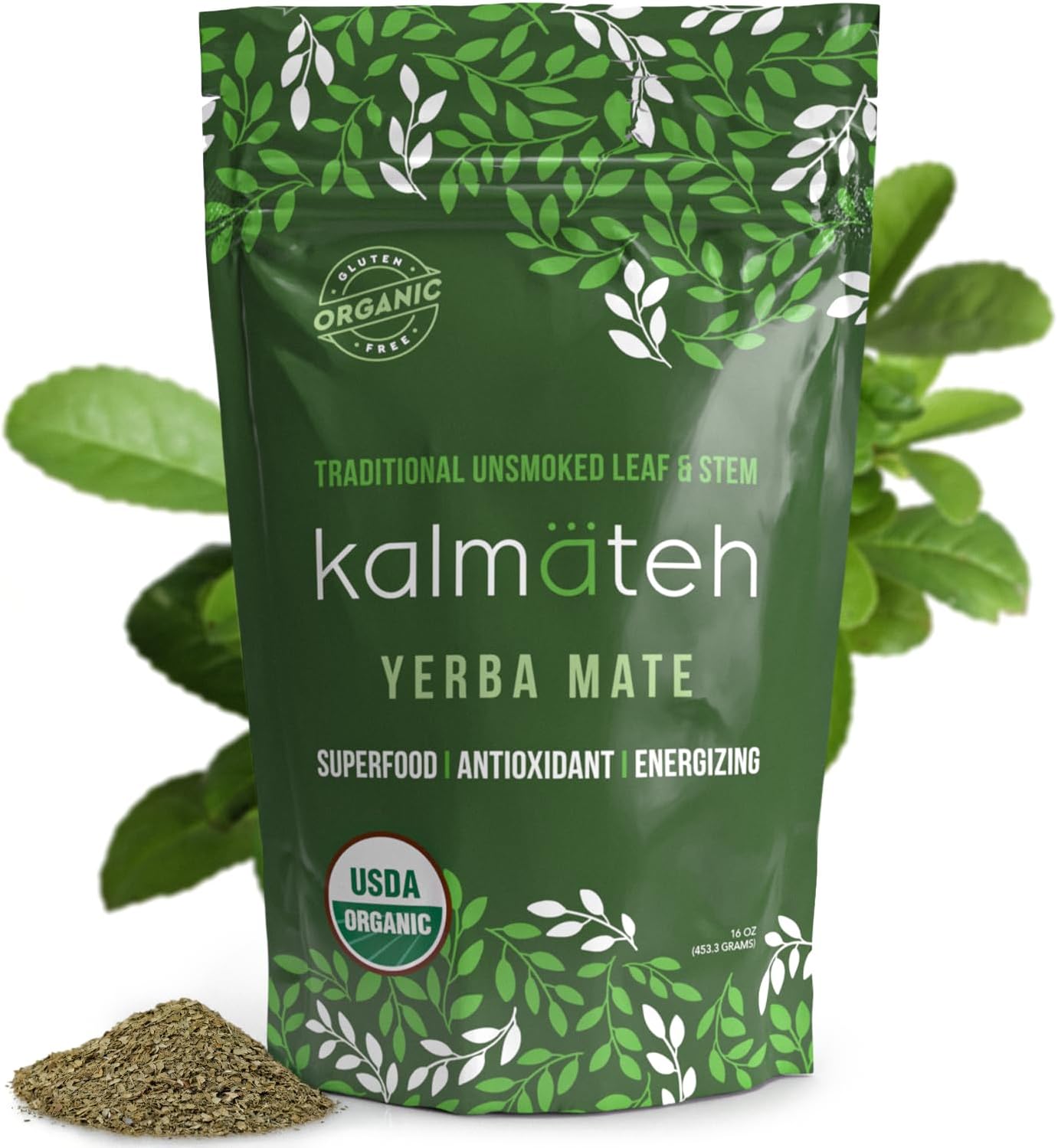 KALMATEH Premium Organic Yerba Mate 1lb Unsmoked Loose Leaf & Stem Tea, Natural Coffee Alternative Herbal Tea for Energy, Focus, and Wellness, Perfect for Yerba Mate Lovers - 1 Pack