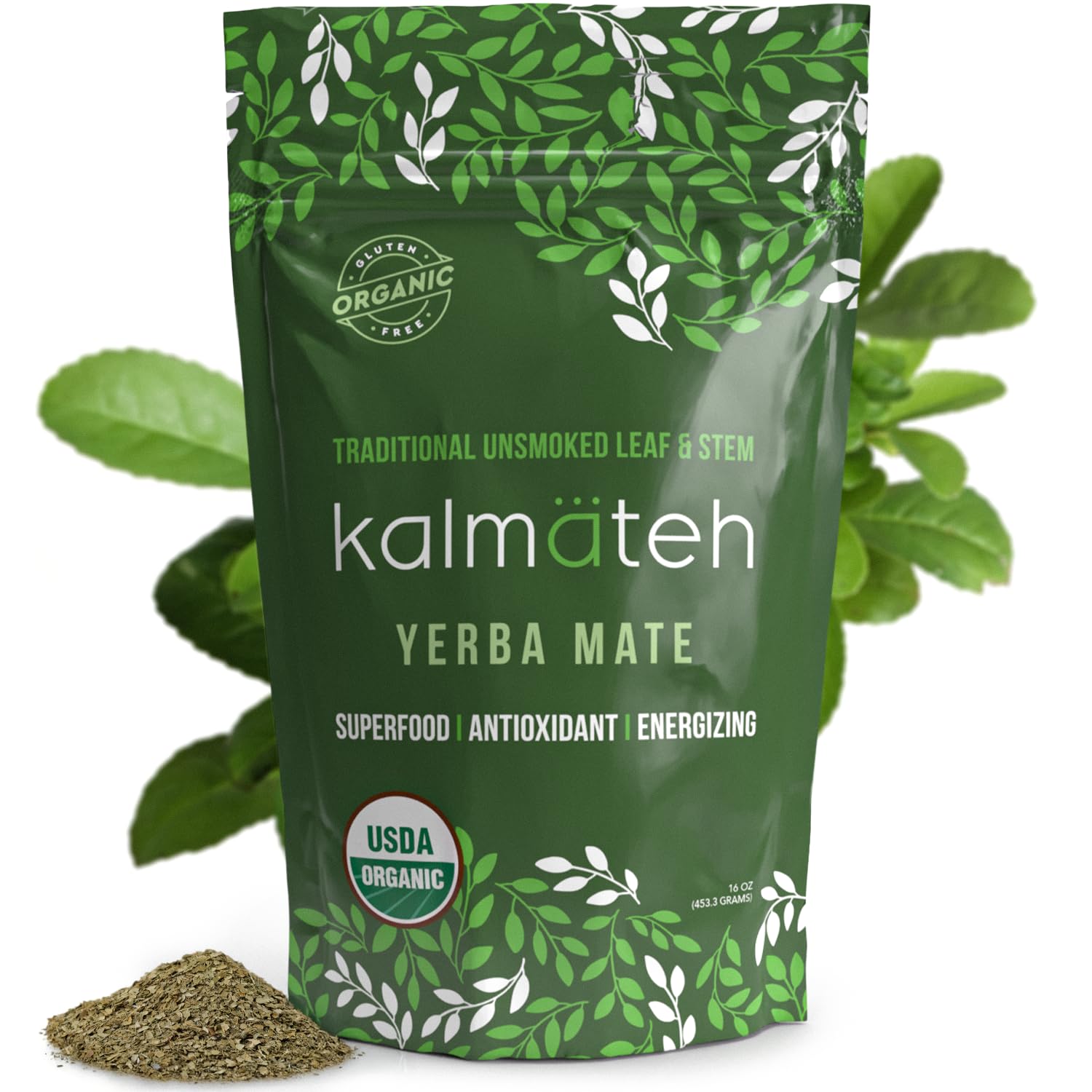 KALMATEH Premium Organic Yerba Mate 1lb Unsmoked Loose Leaf & Stem Tea, Natural Coffee Alternative Herbal Tea for Energy, Focus, and Wellness, Perfect for Yerba Mate Lovers - 1 Pack