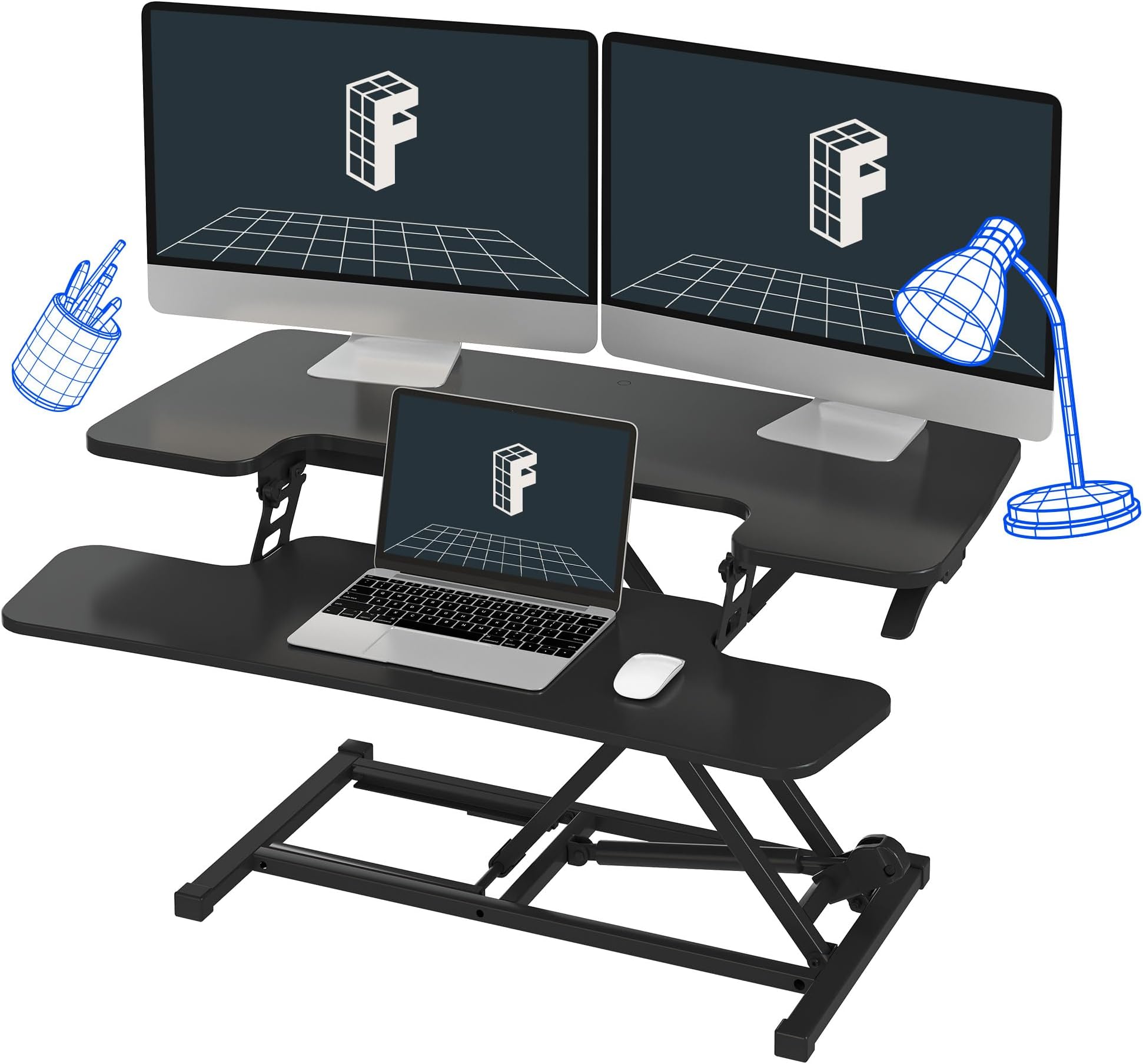 35in Standing Desk Converter Height Adjustable Sit to Stand up Desk Riser Computer Workstation with Keyboard Tray Wide 2-Tier Desktop Black