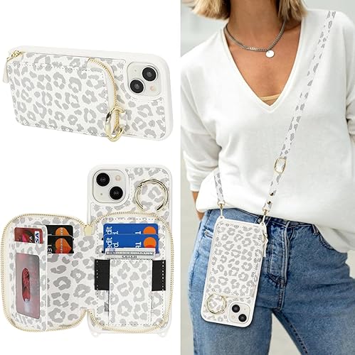 Miniatura 20 de Funda tipo cartera con bandolera para iPhone 15 Pro Max, funda de piel sintética con cierre de cremallera, funda tipo atril con ranuras para Oro