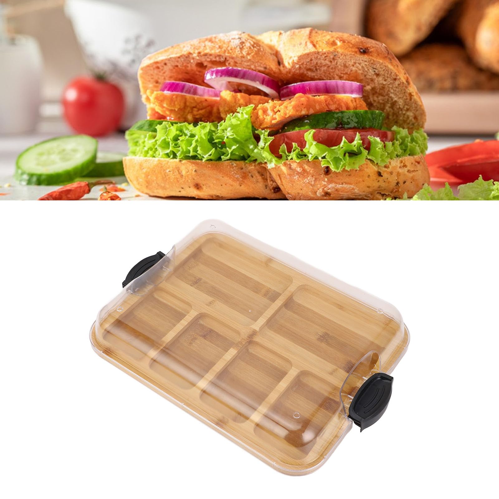 Tabla de Embutidos con Tapa, Tabla de Queso y Tabla de Cortar de Madera de bambú, 6 Compartimentos para Presentación de Embutidos, con Tapa Transparente con Cierre para Regalo