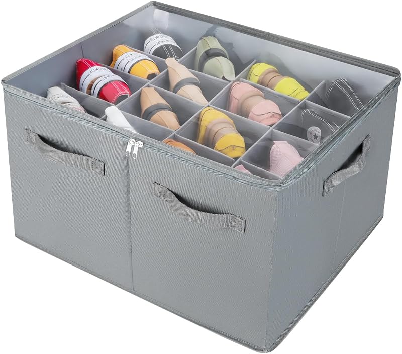 Organizador de zapatos para armario, caja de zapatos plegable con divisores ajustables y cubierta transparente, gabinete organizador de almacenamiento de zapatos que ahorra espacio con asas reforzadas, se adapta a 16 pares, gris, TP09G