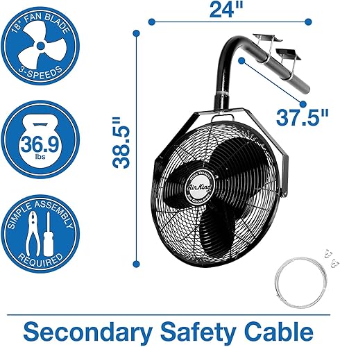 Miniatura 3 de Air King 9618 Ventilador de montaje en viga en I de grado industrial de 18 pulgadas de 16 caballos de fuerza con 3190 CFM acabado negro