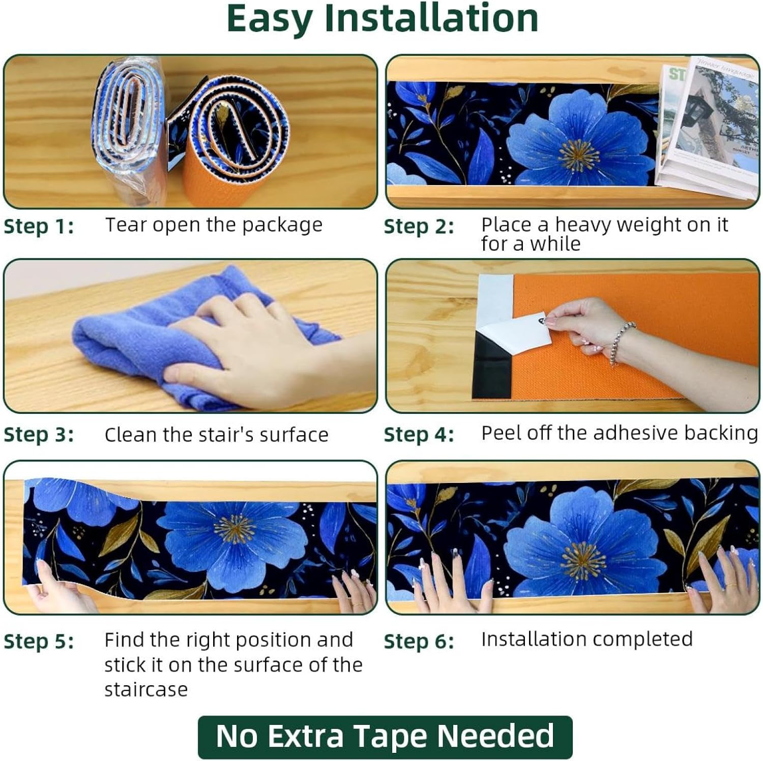 Blue Flowers Watercolor Floral Carpet Stair Treads for Wooden Steps Indoor, 15 Pack Slip Resistant Stair Rug Staircase Step Treads Pads for Pet, Kids and Elderly