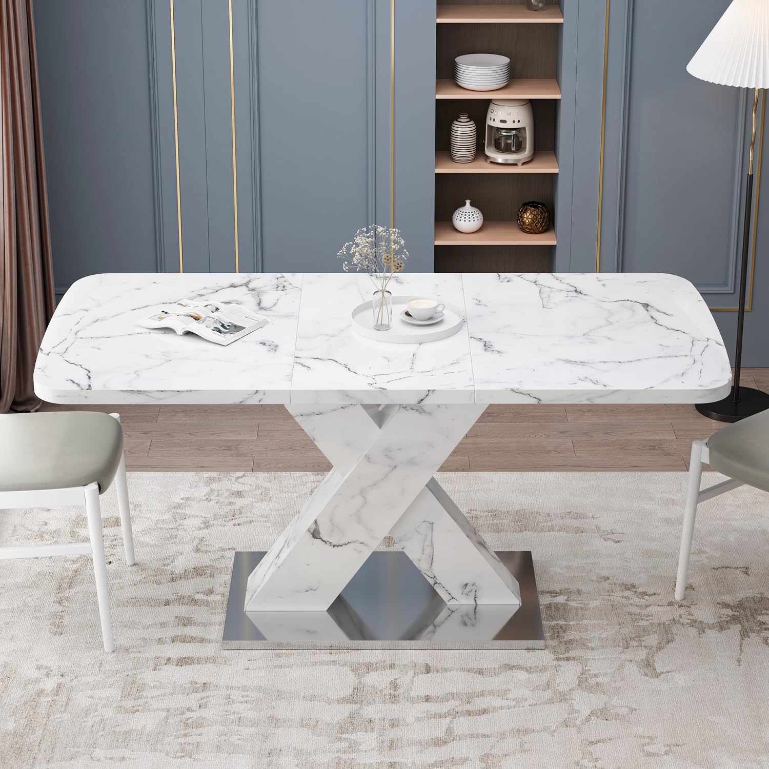 Modern Printed Marble Top Dining Table, Expandable Dining Table with Faux Marble Top and Crossed Pedestal Base for 4-6 (White) (Not includes the legs)