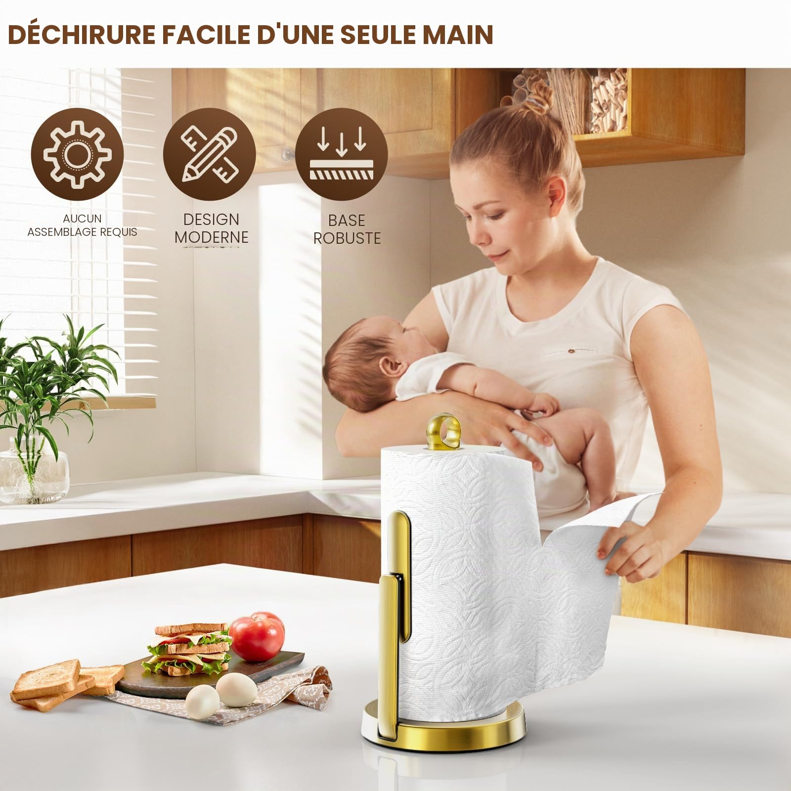theaoo Porte-Serviettes en Papier Robuste en Acier Inoxydable avec Bras de Tension - Facile à déchirer d'une Seule Main - Distributeur Moderne pour comptoir de Cuisine - Peut contenir Tous Les