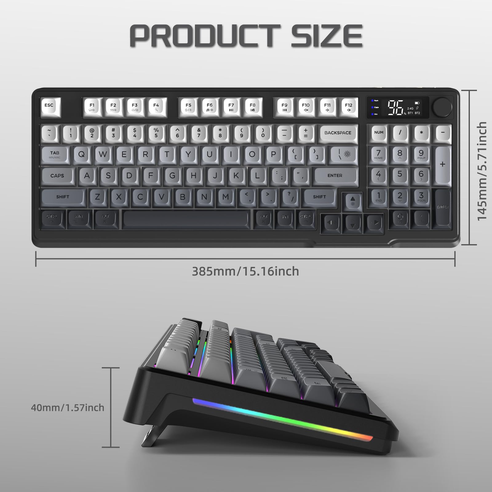 FREEWOLF M96 bezprzewodowa klawiatura membranowa do gier, sterowanie przyciskami Bluetooth/2,4 G bezprzewodowe, mechaniczne odczucia, podświetlenie LED, wyświetlacz, nasadka na klawisz PBT, 3000 mAh