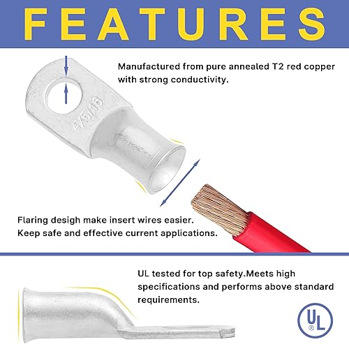 Miniatura 3 de haisstronica Kit de 220 terminales de alambre de cobre estañado, 110 piezas AWG 8 6 4 2 1 conectores de terminal de anillo de cable de batería
