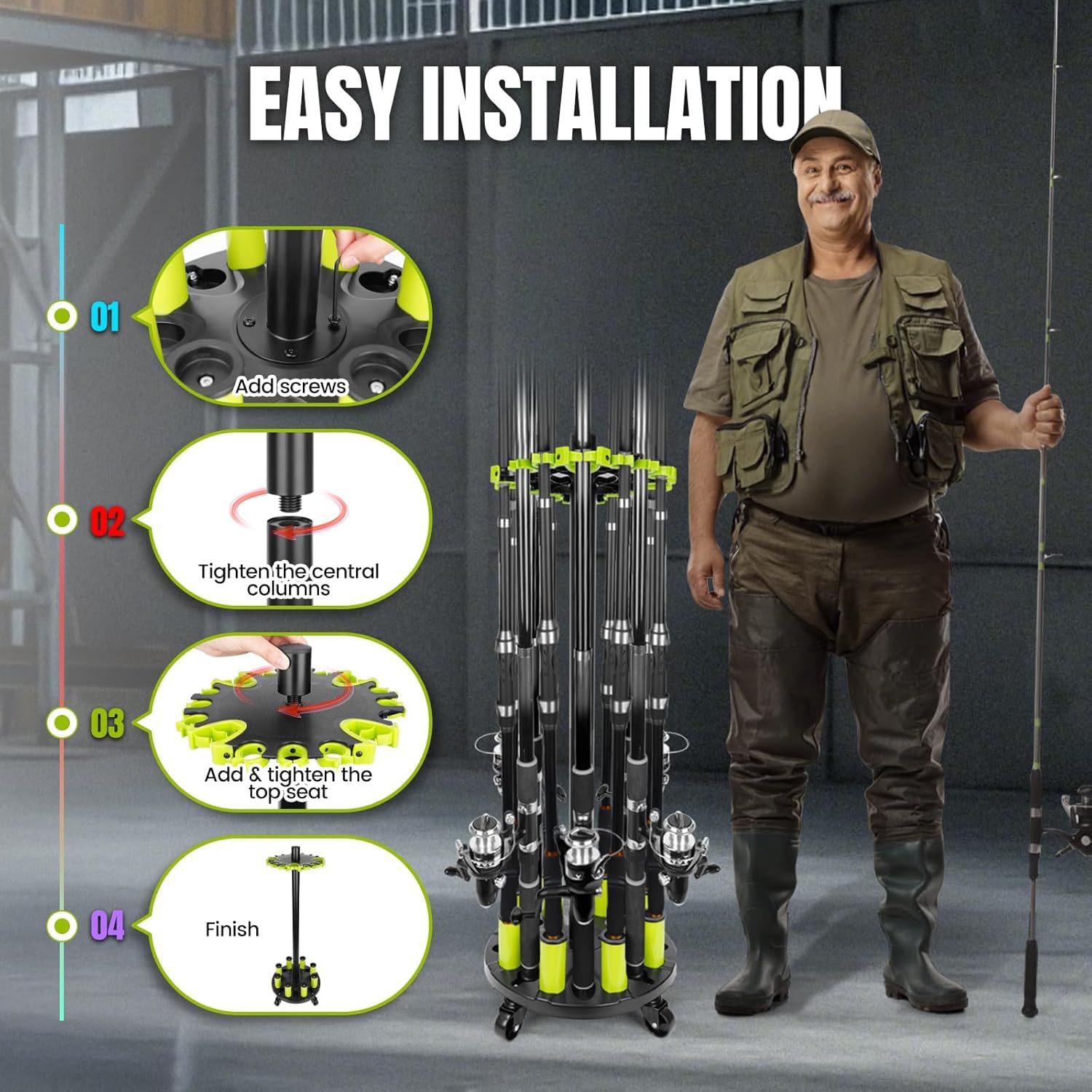 BOOSTEADY Supporto per Canna da Pesca per Garage, Portacanna da Pavimento per 20 Canne con Ruote Girevoli a 360°, Organizzatore di Attrezzatura da Pesca in Plastica ABS