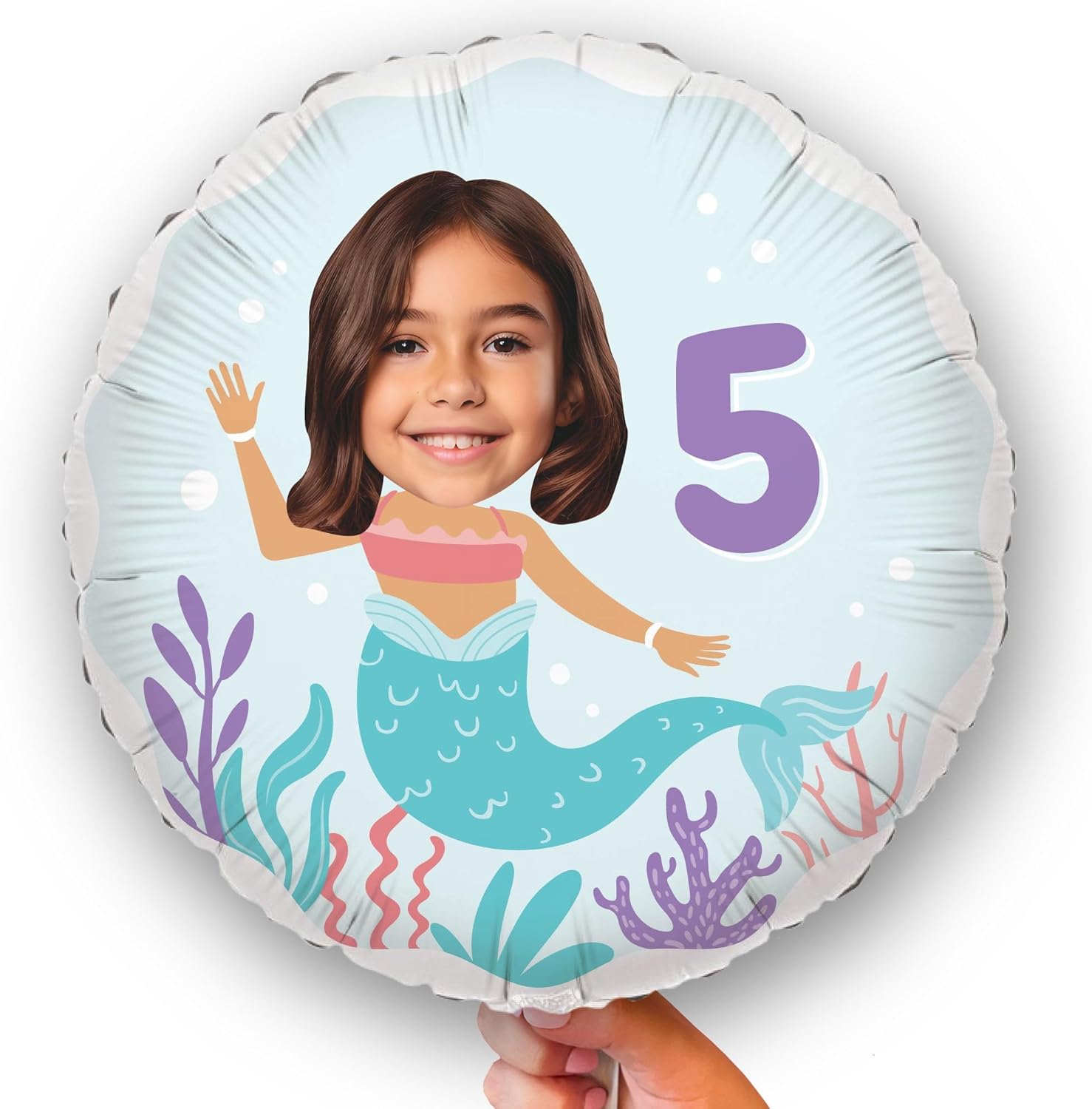 Big Dot of Happiness Personalized Mermaid Fun Face Photo Balloon, Birthday Party Decoration for Girls, Custom Make Your Own Mermaid Double-Sided Circle Mylar, 1 Piece (Skin Tone 2)