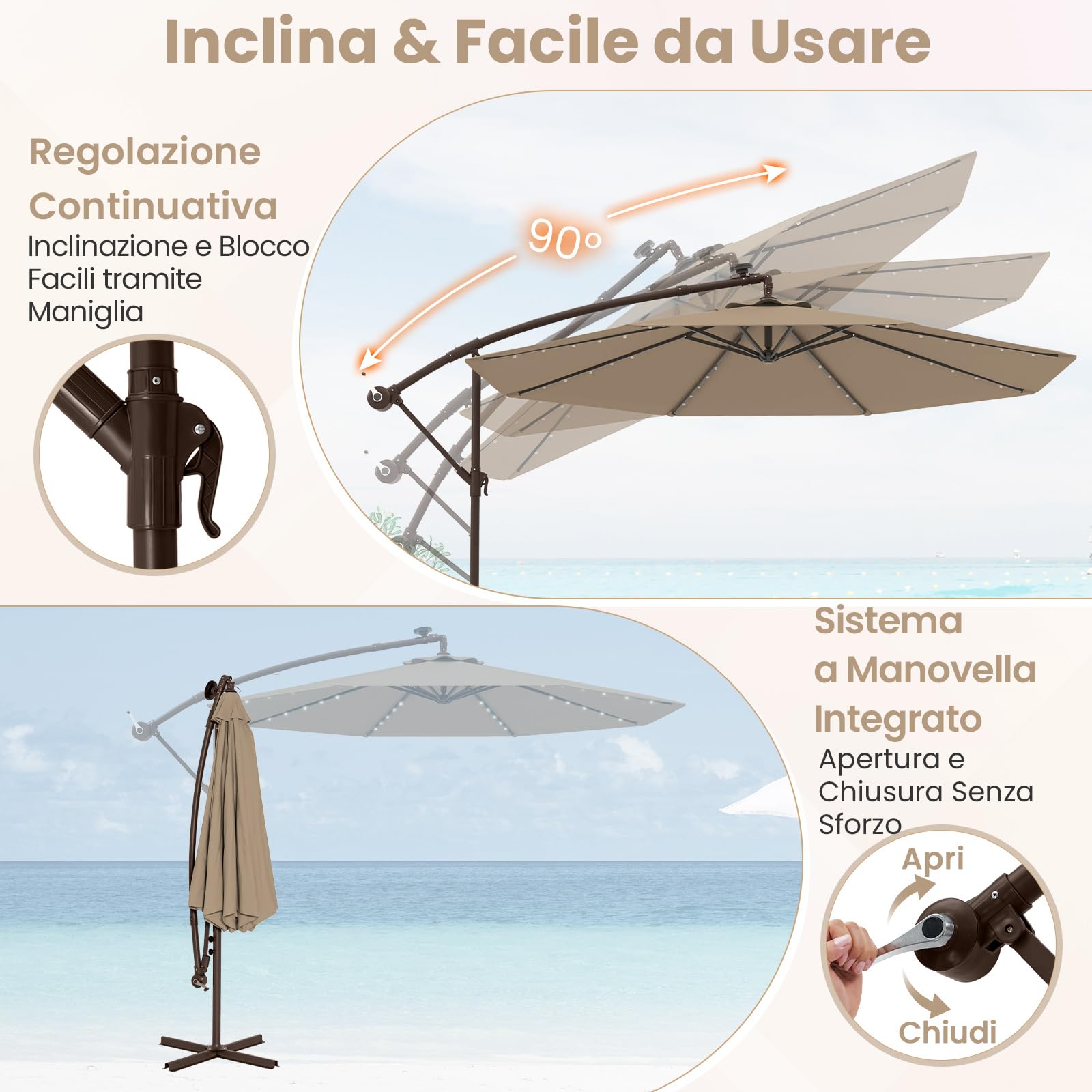 COSTWAY Ombrellone Da Giardino Con Luci LED Solari, Diametro 3 Metri, Inclinabile, 8 Stecche, Base A Croce, Blu, Protezione UV