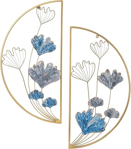 Edeco Juego de 2 piezas de decoración de pared de metal, hojas de ginkgo semicírculo 3D, escultura de pared para sala de estar, dormitorio, comedor