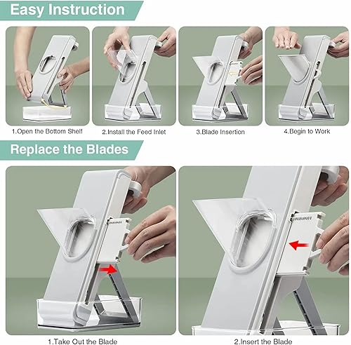 Miniatura 3 de YLNANMI Cortadora de mandolina segura para cocina, picadora de verduras con recipiente y tapa, cortador de mandolina ajustable, picador de verduras