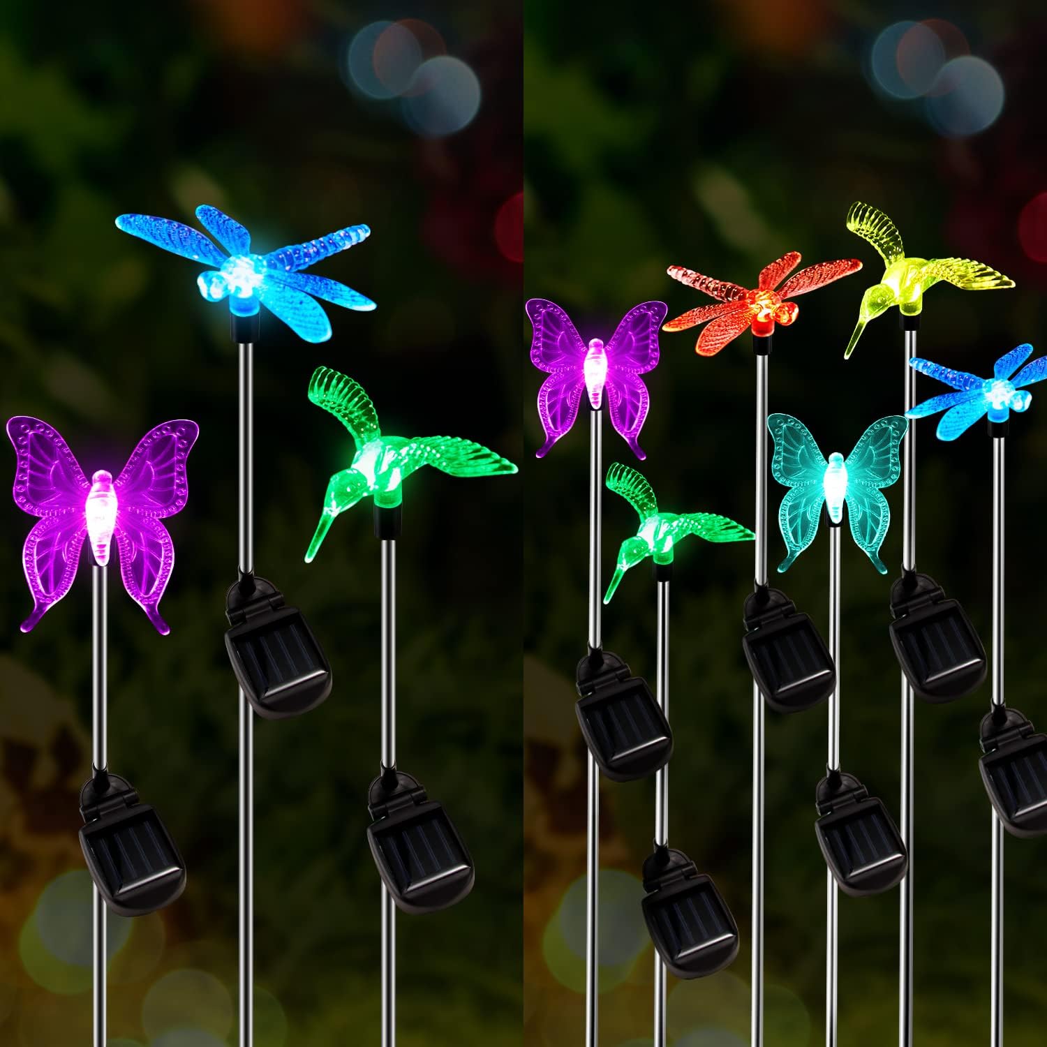 OxyLED Solar Garden Stake Lights 9 Pack Outdoor LED Figurine Lighting Color Changing Waterproof Solar Hummingbird Lights Butterfly Dragonfly for Patio Yard Pathway