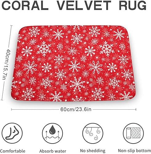 Miniatura 2 de Tapete de baño rojo con copos de nieve navideños, antideslizantes, de franela, absorbente de agua, de secado rápido, suave, para suelo, dormitorio,
