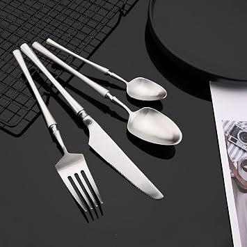 JASHII Silverware Set, 24pcs 304 Stainless Steel Flatware for 6, Metal Cutlery Set Elegant Kitchen Utensils, Include Dinner Knives/Spoons/Forks, Retro Design, Dishwasher Safe - Matte Silver