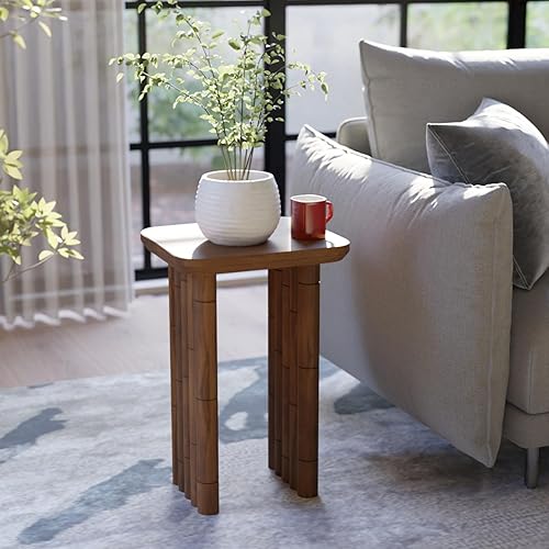 Miniatura 22 de Lyra - Mesa auxiliar redonda de mármol – Estante de madera de acacia maciza, mesa auxiliar de almacenamiento abierta para sala de estar, dormitorio,