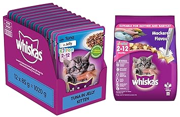 Whiskas Wet Cat Food for Kittens (2-12 Months), Tuna in Jelly Flavour, 12 Pouches (12 x 85g) & Kitten (2-12 Months) Dry Cat Food , Mackerel Flavour, 450g Pack
