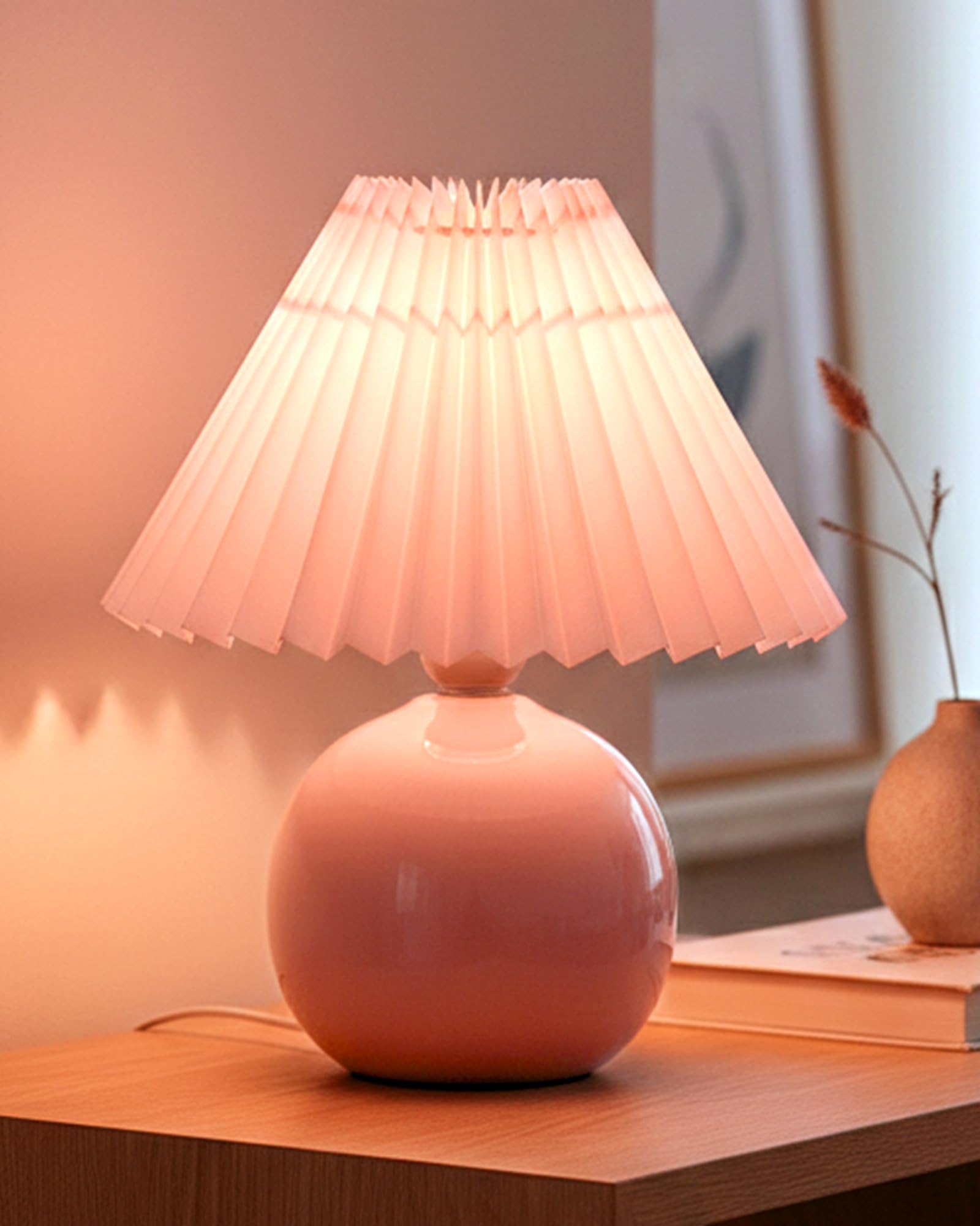 Homesake® Glossy Bedside Ceramic Table Lamp, Classic Desk lamp for Living Room Bedroom, Farmhouse Nightstand Lamps Home Decor Round with Pink Pleated Shade-image-27
