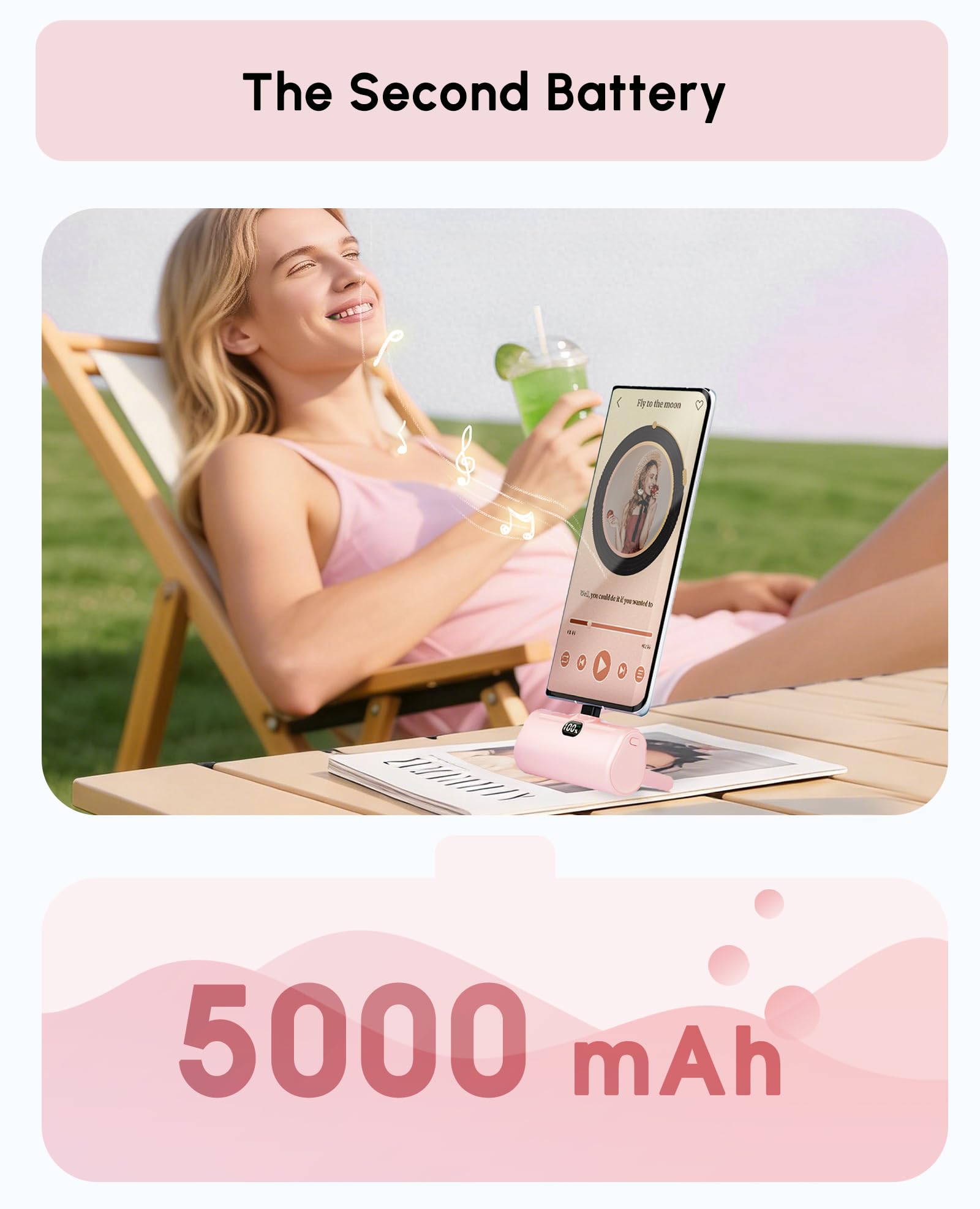 Caricabatterie portatile leggero USB C da 5000 mAh con cavalletto per iPhone 17, caricabatterie di tipo C con display digitale per iPhone 16/Samsung/telefoni Android, regalo rosa per i suoi telefoni