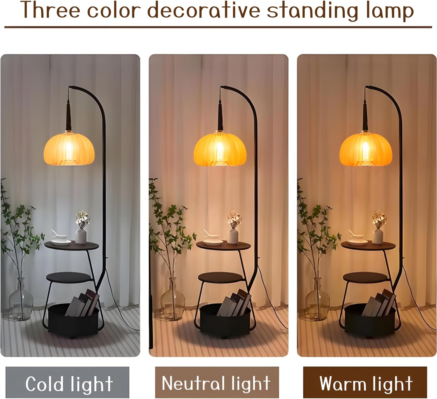 Bofea-Modern Arc Floor Lamp with Table & Shelves,Vintage Floor Lamps for Living Room,Mid Century Tall Standing Lamp with Walnut Shade,Adjustment Height Corner Lights for Bedroom Study Office