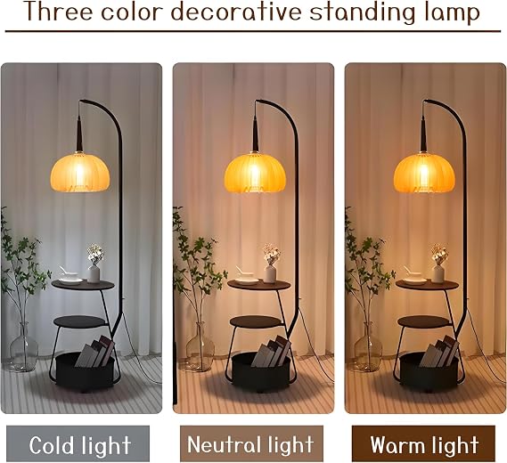 Bofea-Modern Arc Floor Lamp with Table & Shelves,Vintage Floor Lamps for Living Room,Mid Century Tall Standing Lamp with Walnut Shade,Adjustment Height Corner Lights for Bedroom Study Office | Vintage Floor Lamps,Standing Lamp with Walnut Shade,Adjustment Height Corner Lights for Living Room Bedroom Study Office