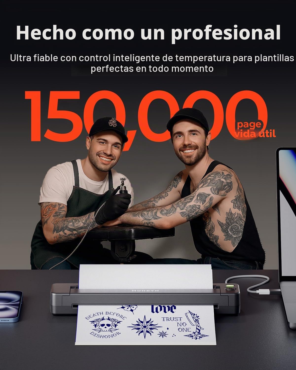 MUNBYN 2026 Nuevo Termocopiadora Tattoo 300DPI, Impresora Termica Tatuajes Bluetooth para Principiantes y Artistas, Compatible con Teléfono Tablet PC, con 20 Piezas de Papel de Transferencia