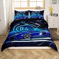 Vista 8 de Funda de edredón azul para niños y hombres, juego de ropa de cama de auto de carreras de graffiti, tamaño Queen, juegos de cama Grunge, ligero