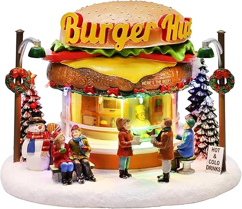MOMENTS IN TIME Christmas Village Burger Shop - Edificio iluminado con LED y música, reproduce 8 canciones navideñas clásicas, decoración navideña