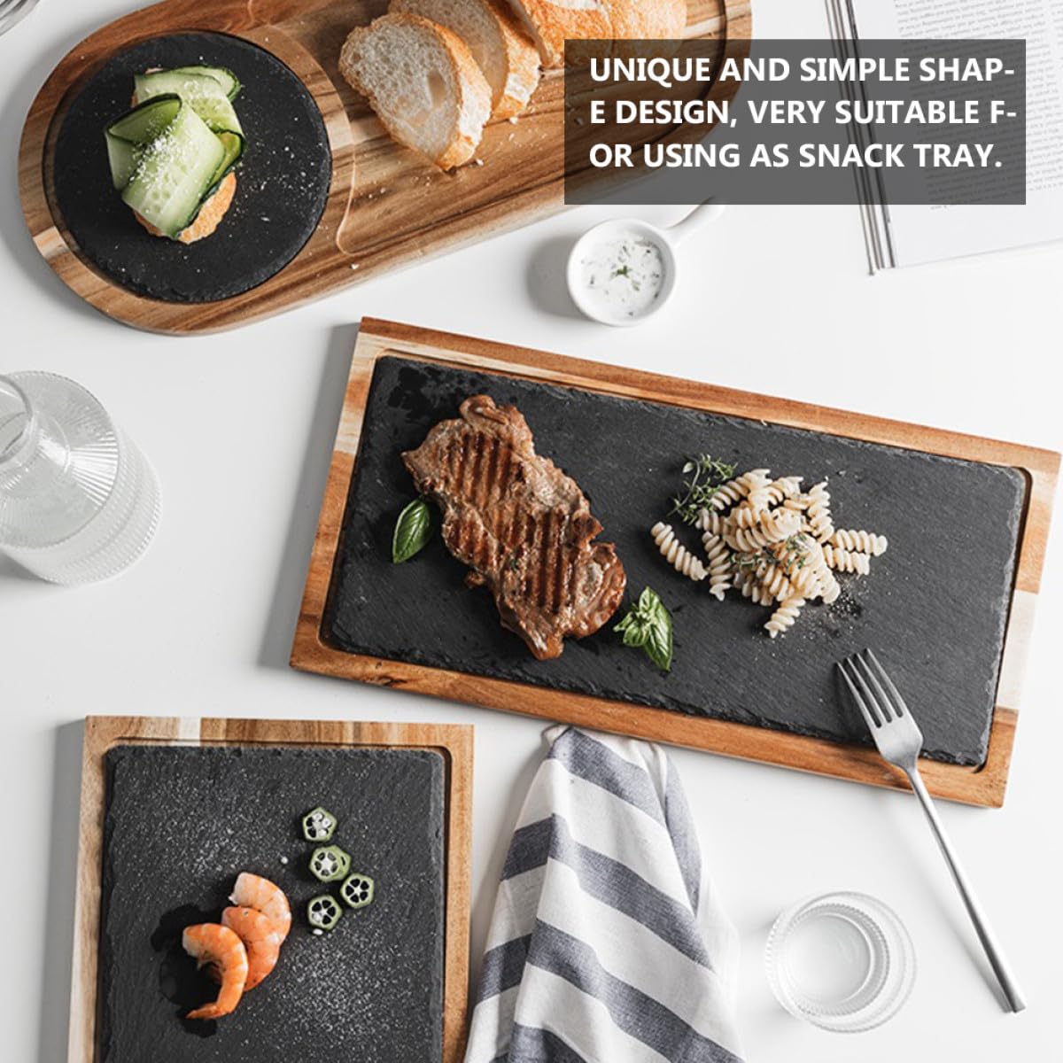 SUPVOX Assiette à Collation en Bois Massif Noir Plateau en Pierre, Plateau Multi-Usage Facile à Nettoyer Cuisine Japonaise et Présentation de Sushi