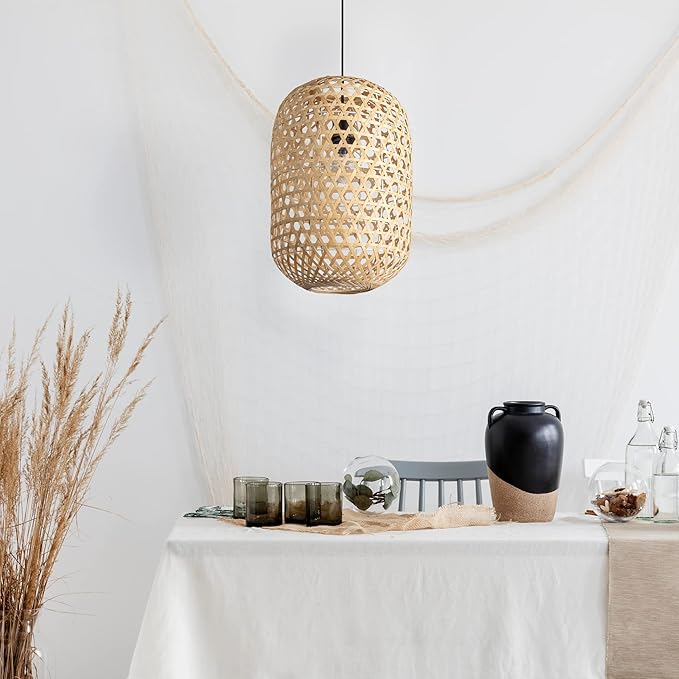 Paco Home Paco Home Hanglamp Bamboe Eetkamerlamp Mand Lamp Hangend Papier Pendellamp Papier Gras Boho Natuurlijk Bar E27, Soort lamp:Hanglamp - Type 1, Kleur:Natuur (Ø30cm) photo 2